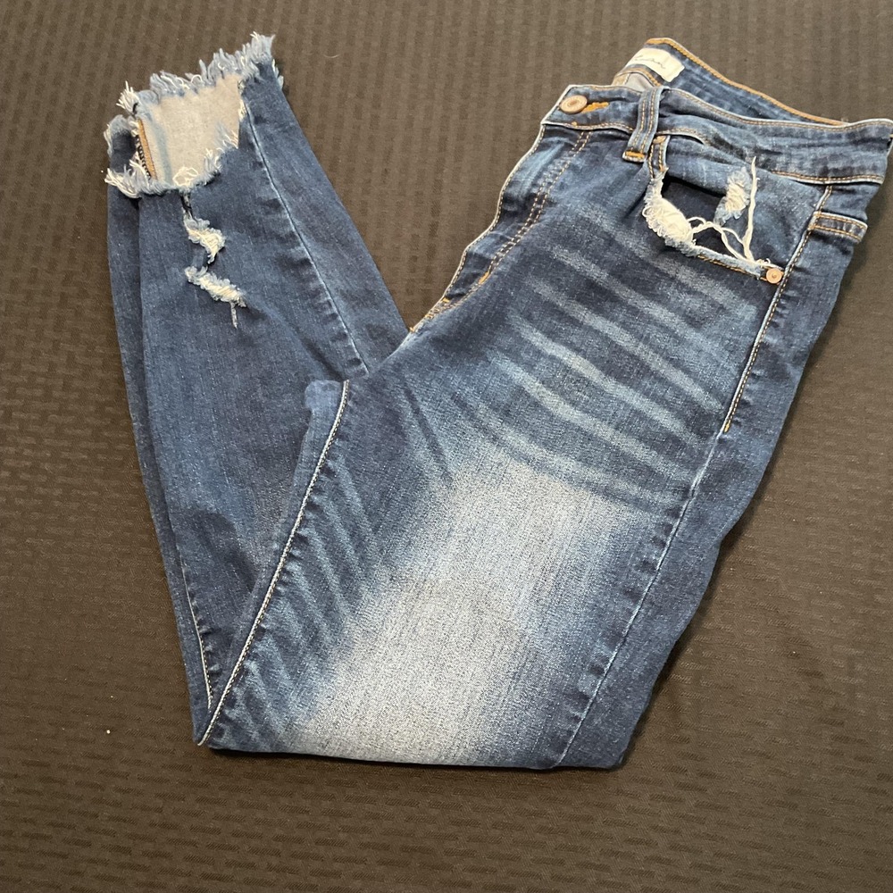 KanCan Jeans Womens 11/29 Blue Medium Wash Distressed Fringe Hem Skinny Denim